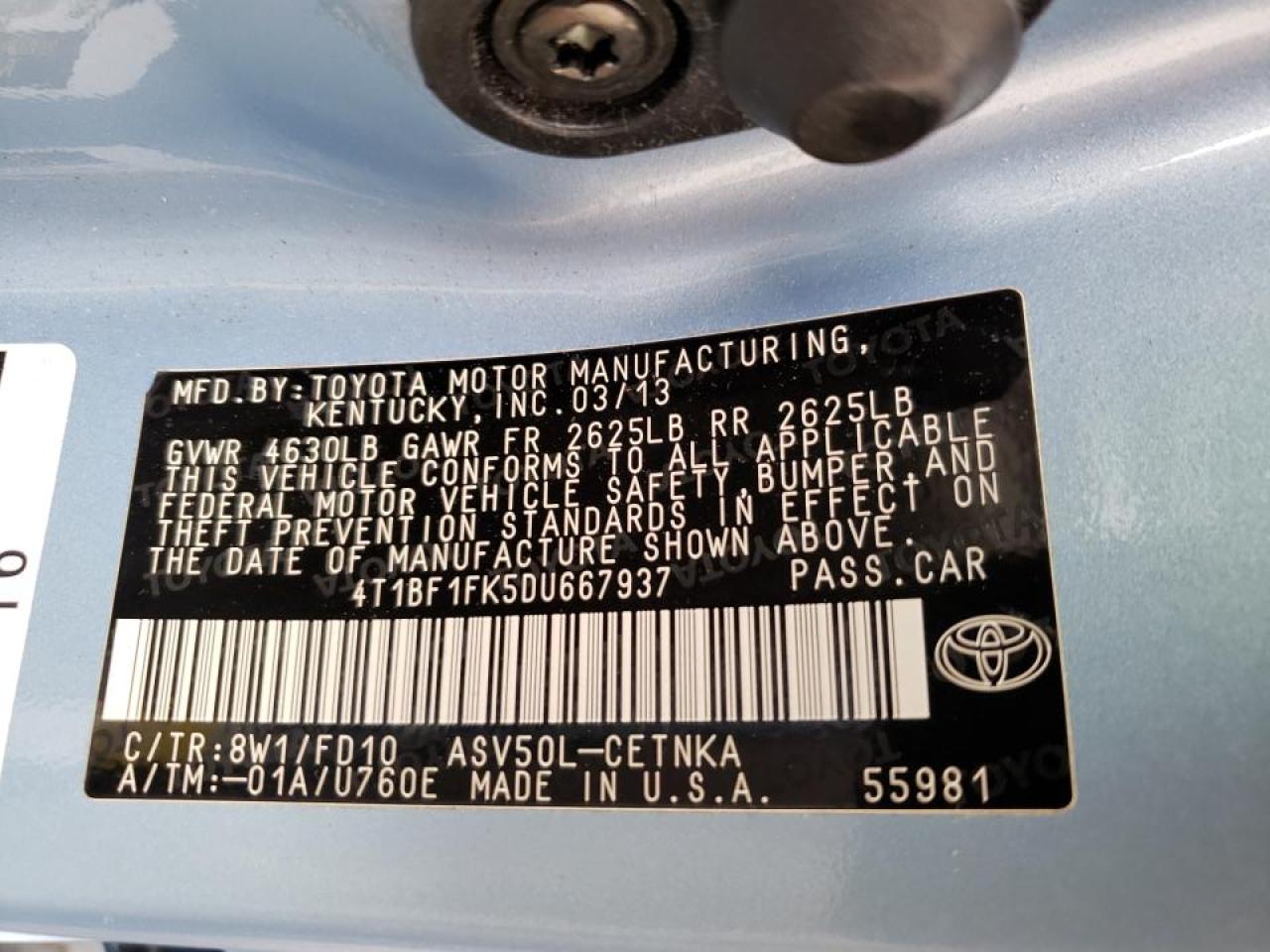 Photo 10 from auction – 2013 TOYOTA CAMRY L with VIN 4T1BF1FK5DU667937