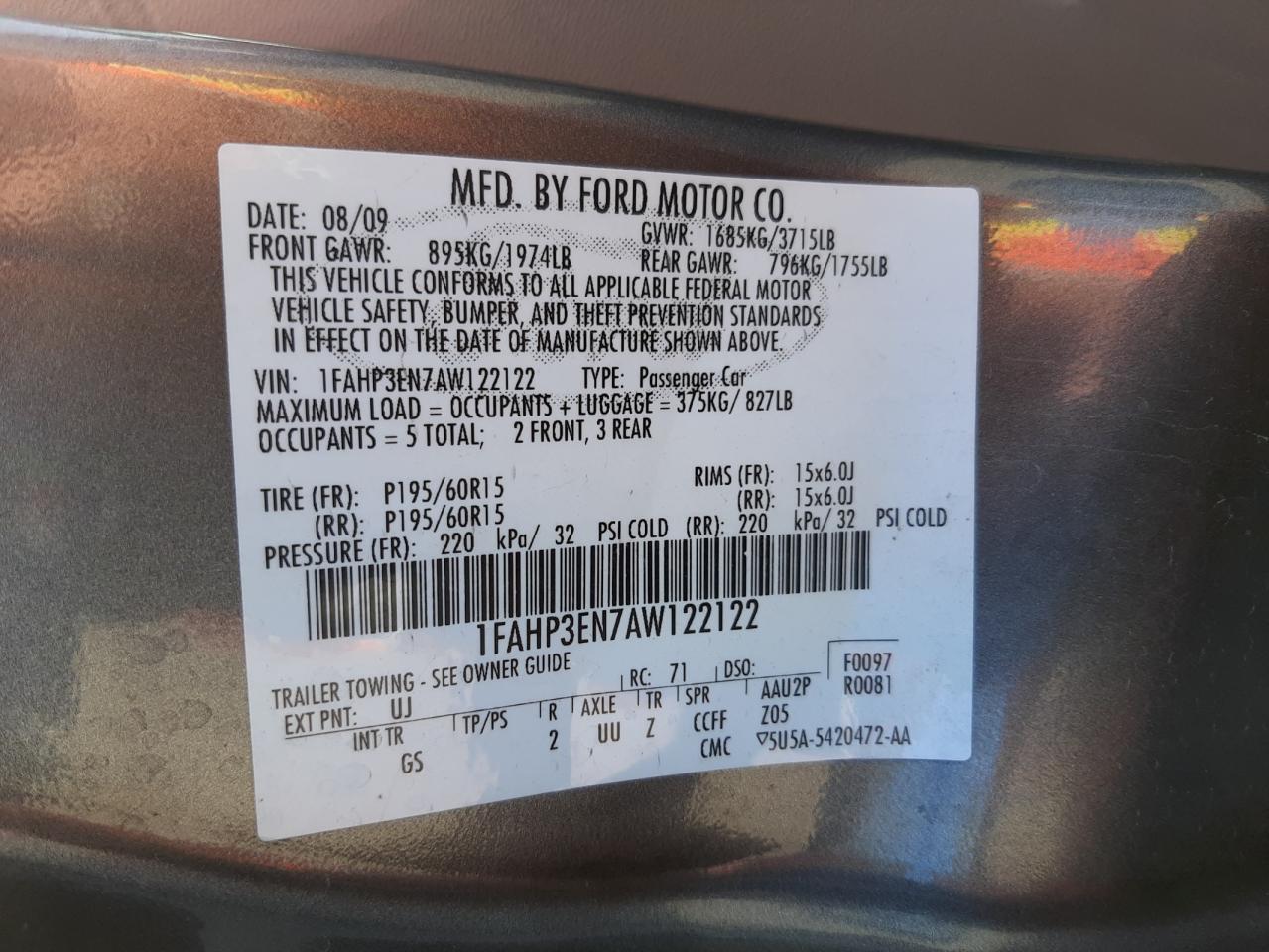 Photo 10 from auction – 2010 FORD FOCUS S with VIN 1FAHP3EN7AW122122