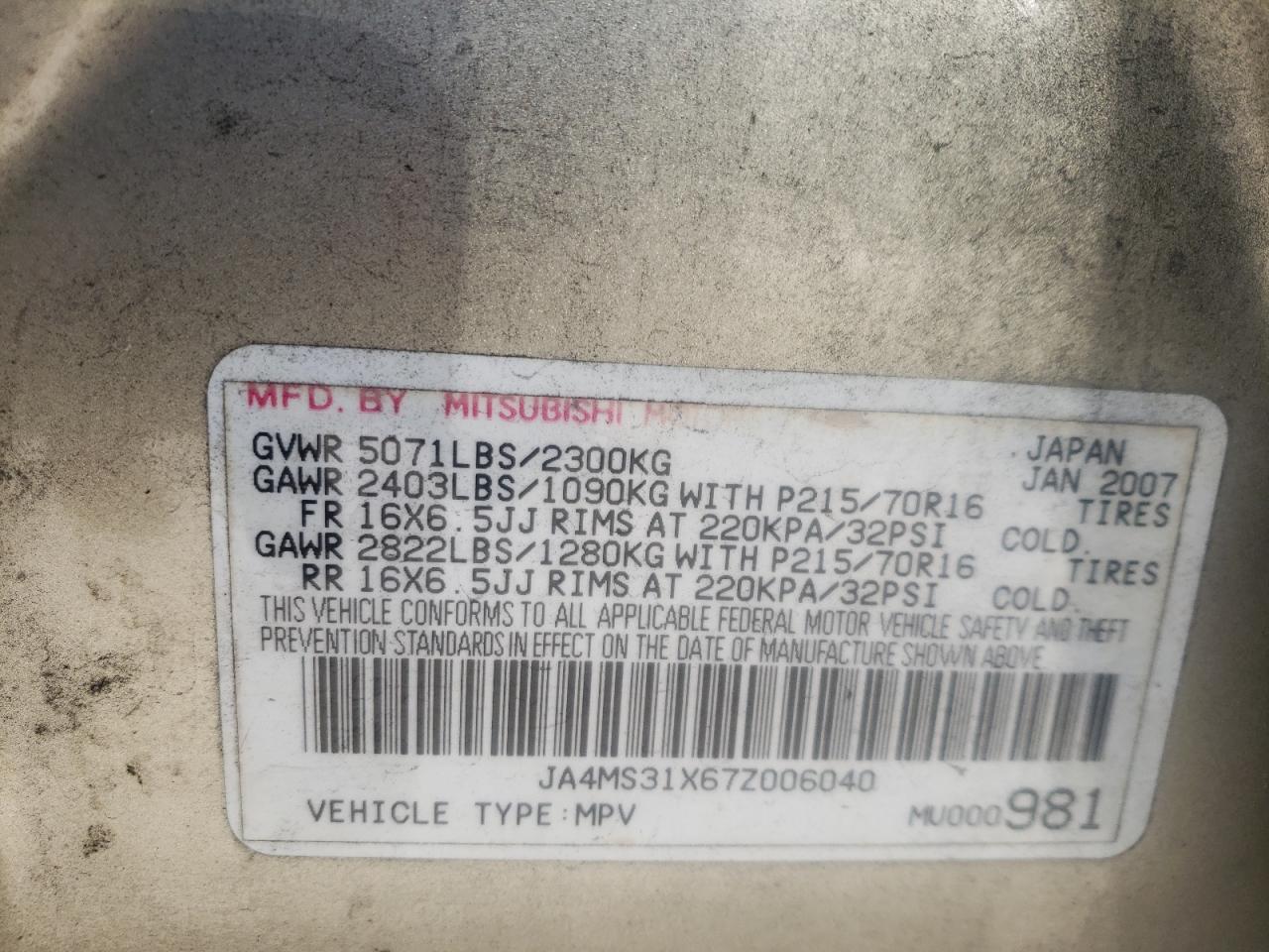 Photo 10 from auction – 2007 MITSUBISHI OUTLANDER with VIN JA4MS31X67Z006040