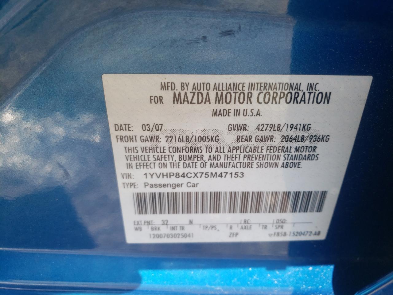 Photo 10 from auction – 2007 MAZDA 6 I with VIN 1YVHP84CX75M47153