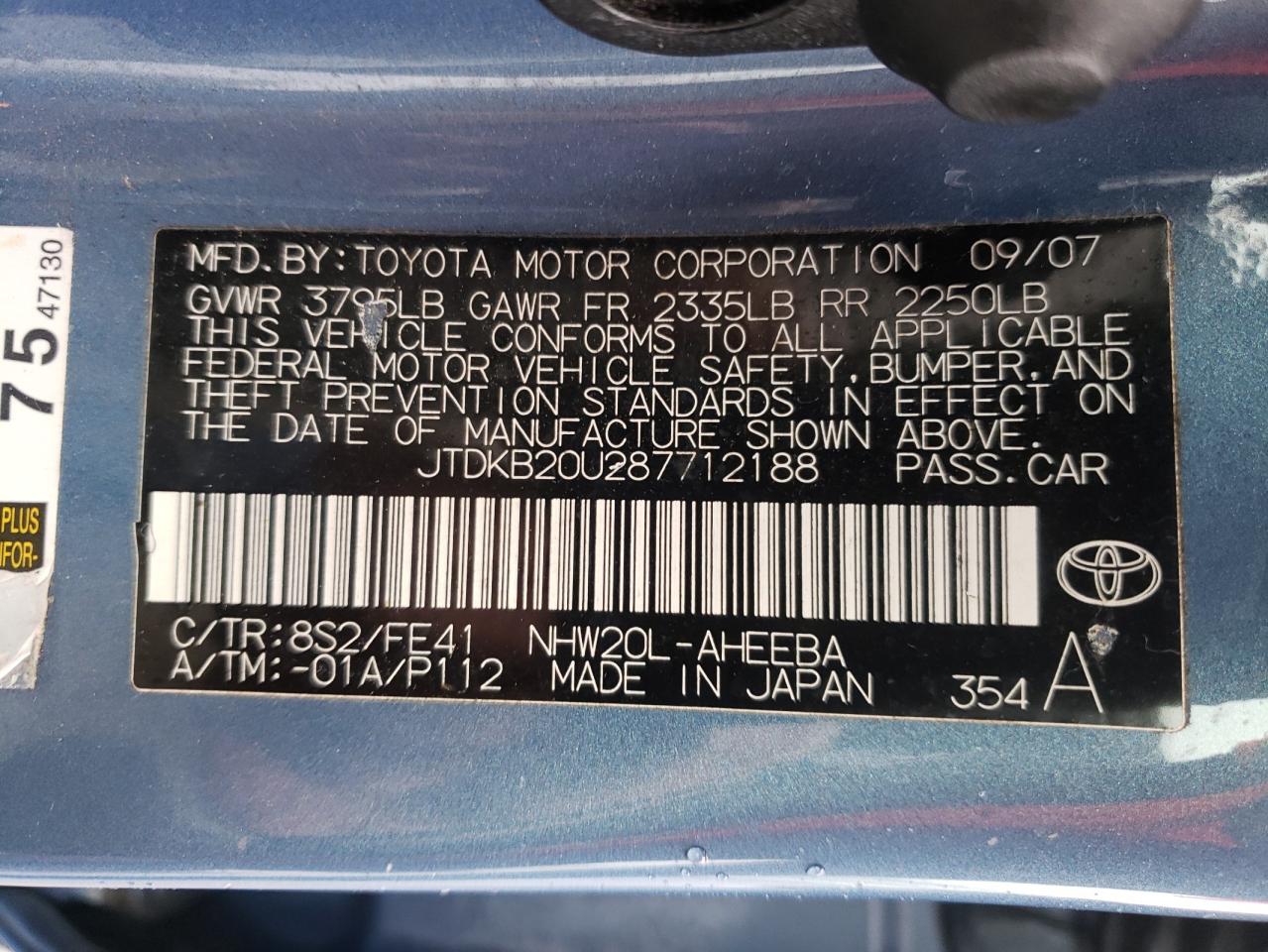 Photo 10 from auction – 2008 TOYOTA PRIUS with VIN JTDKB20U287712188