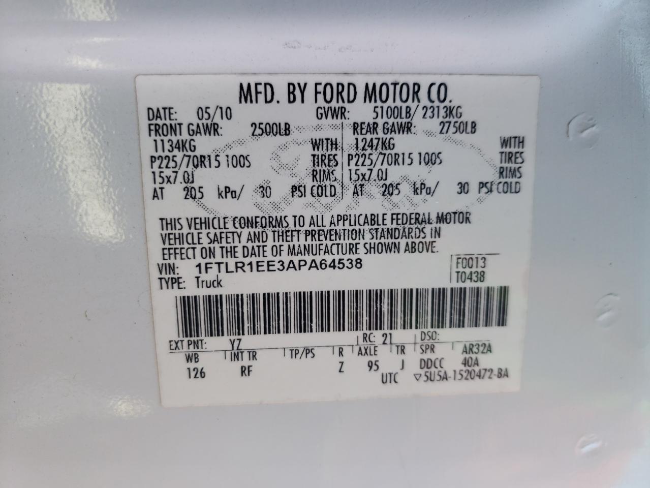 Photo 10 from auction – 2010 FORD RANGER SUP with VIN 1FTLR1EE3APA64538