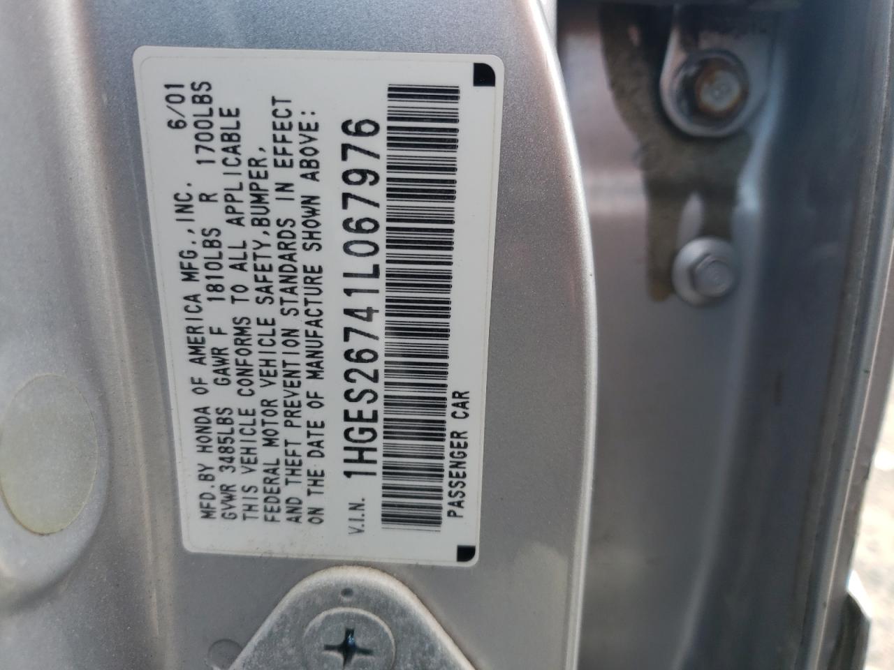Photo 10 from auction – 2001 HONDA CIVIC DX with VIN 1HGES26741L067976