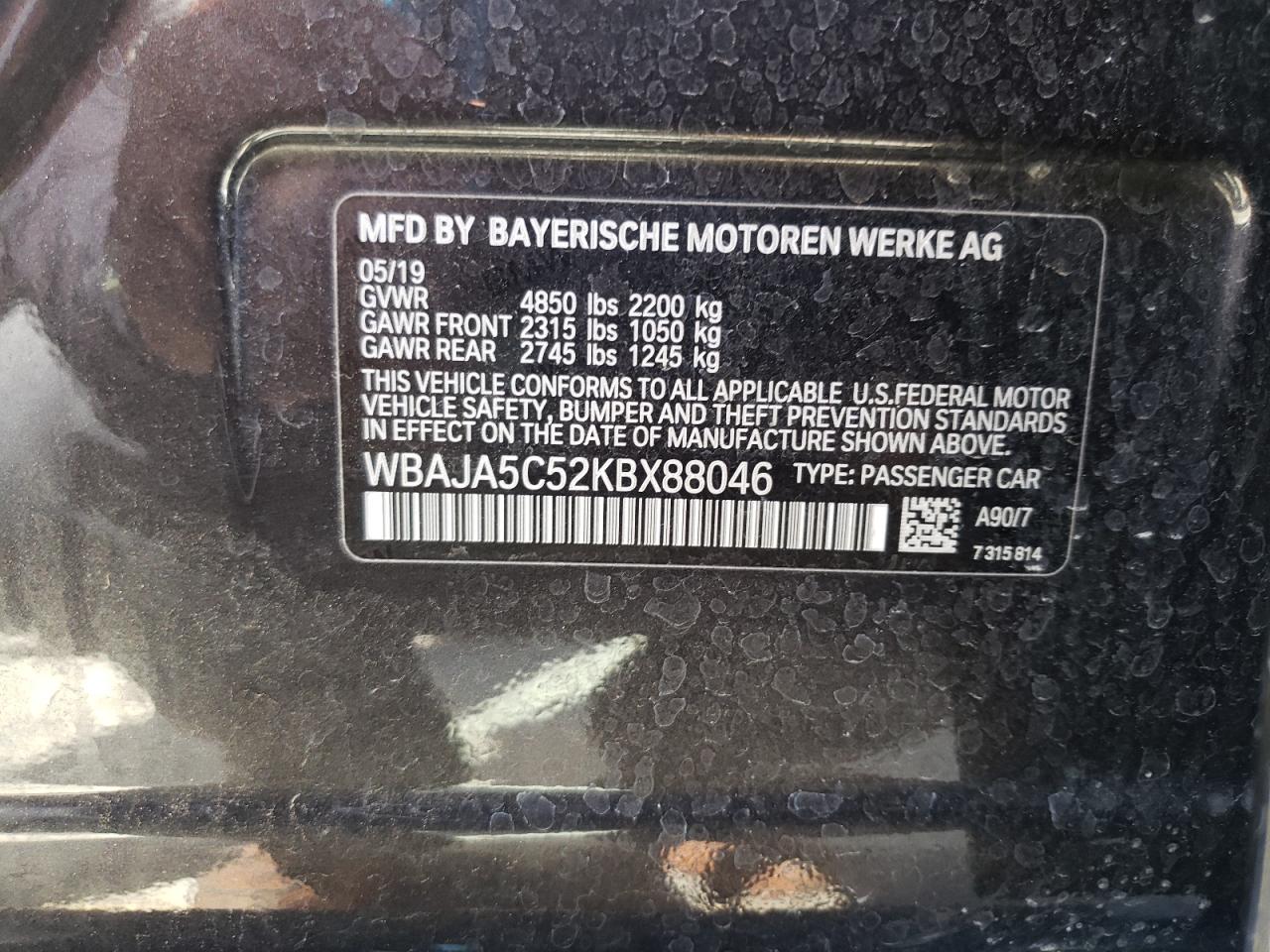 Photo 10 from auction – 2019 BMW 530 I with VIN WBAJA5C52KBX88046
