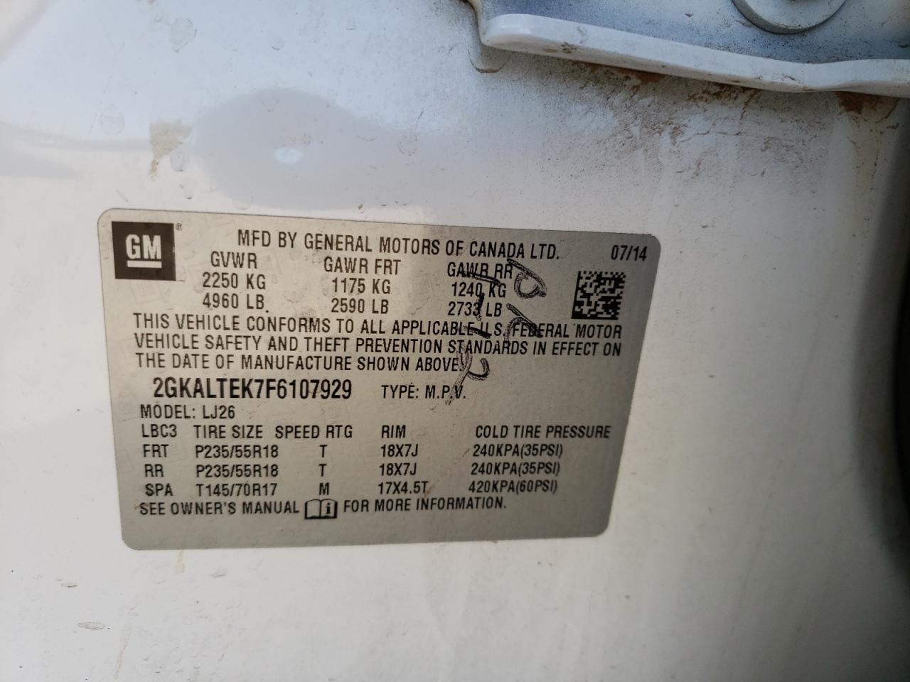 Photo 10 from auction – 2015 GMC TERRAIN SL with VIN 2GKALTEK7F6107929