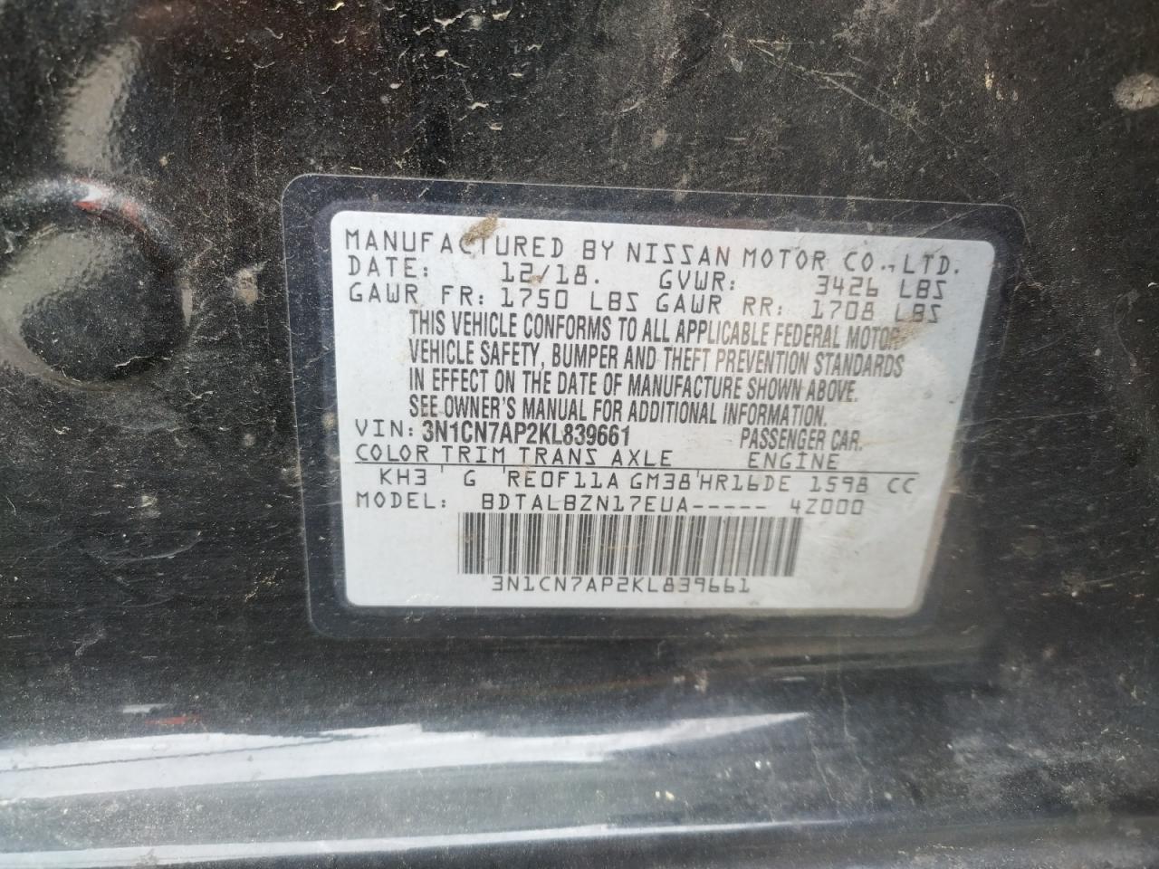 Photo 10 from auction – 2019 NISSAN VERSA S with VIN 3N1CN7AP2KL839661