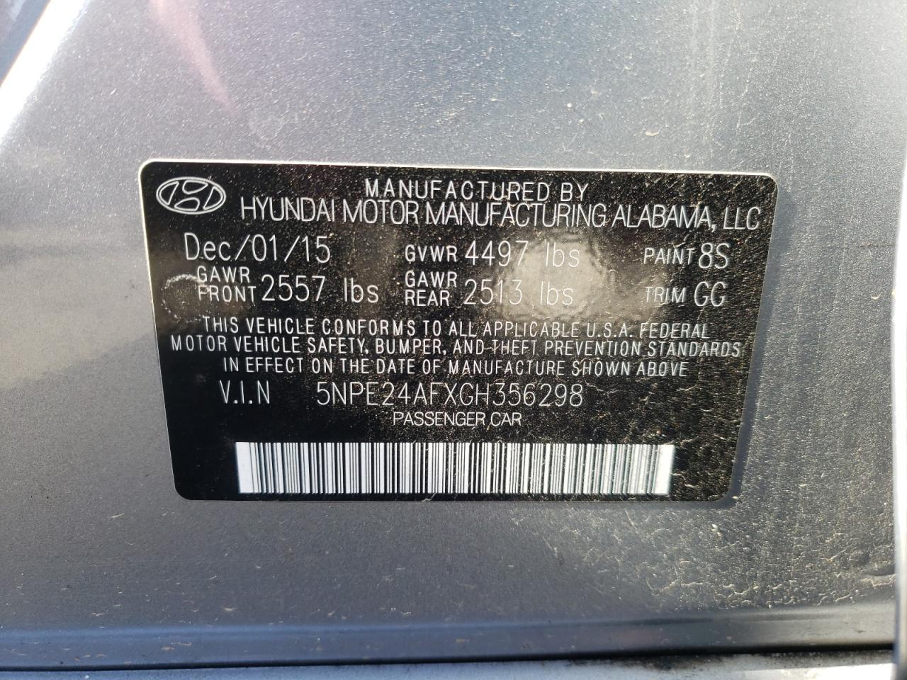 Photo 10 from auction – 2016 HYUNDAI SONATA SE with VIN 5NPE24AFXGH356298