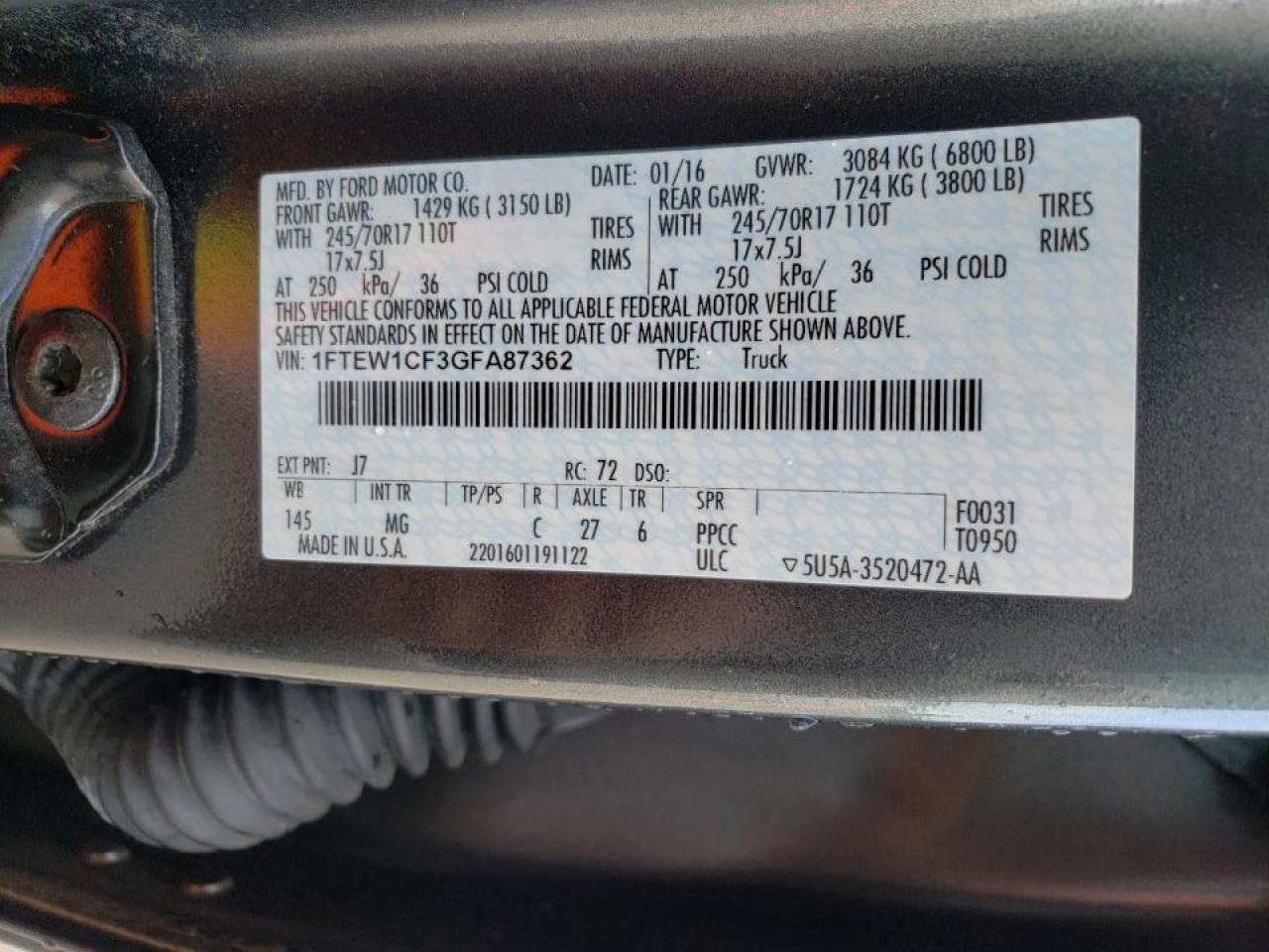 Photo 10 from auction – 2016 FORD F150 SUPER with VIN 1FTEW1CF3GFA87362