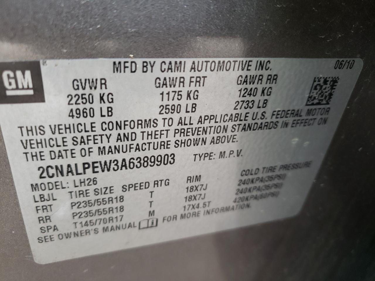 Photo 10 from auction – 2010 CHEVROLET EQUINOX LT with VIN 2CNALPEW3A6389903