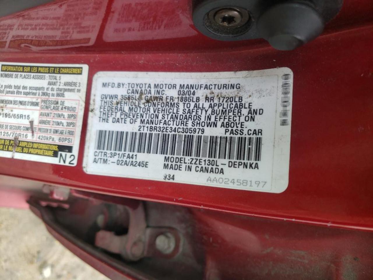 Photo 10 from auction – 2004 TOYOTA COROLLA with VIN 2T1BR32E34C305979