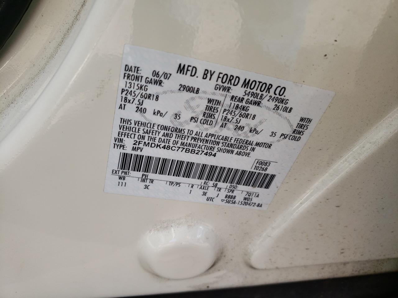 Photo 10 from auction – 2007 FORD EDGE SEL with VIN 2FMDK48C77BB27494