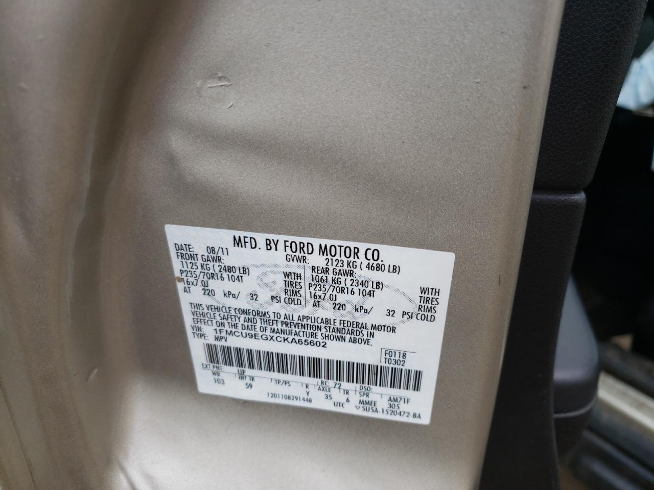 Photo 10 from auction – 2012 FORD ESCAPE LIM with VIN 1FMCU9EGXCKA65602
