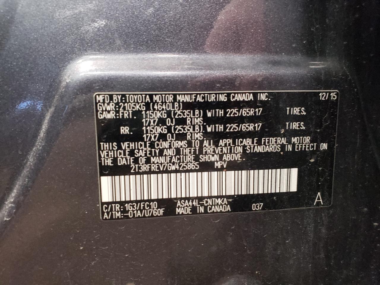 Photo 10 from auction – 2016 TOYOTA RAV4 XLE with VIN 2T3RFREV7GW425865