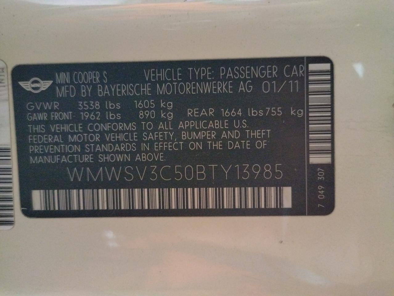 Photo 10 from auction – 2011 MINI COOPER S with VIN WMWSV3C50BTY13985