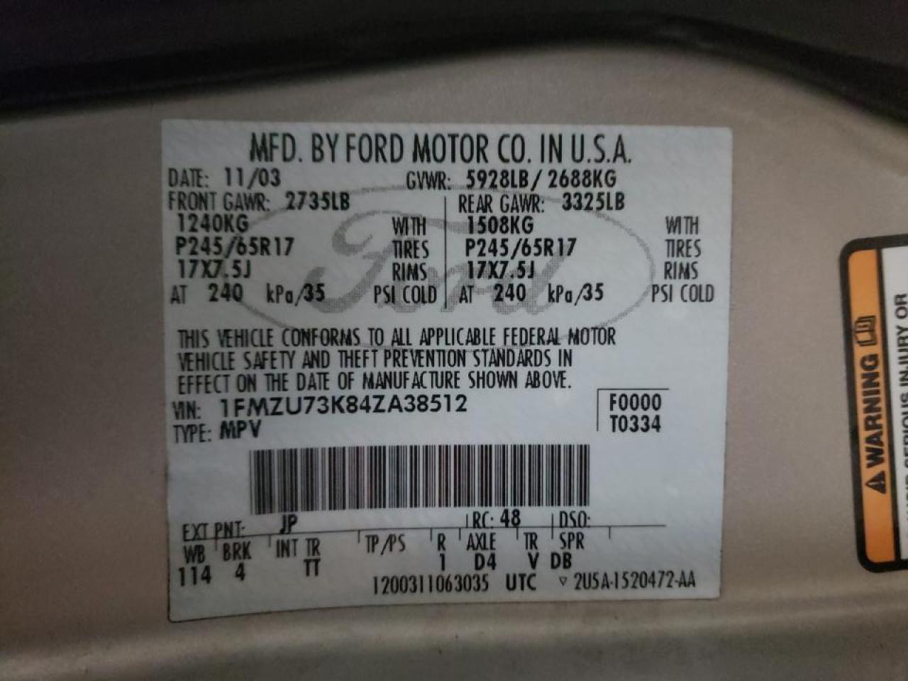 Photo 10 from auction – 2004 FORD EXPLORER X with VIN 1FMZU73K84ZA38512