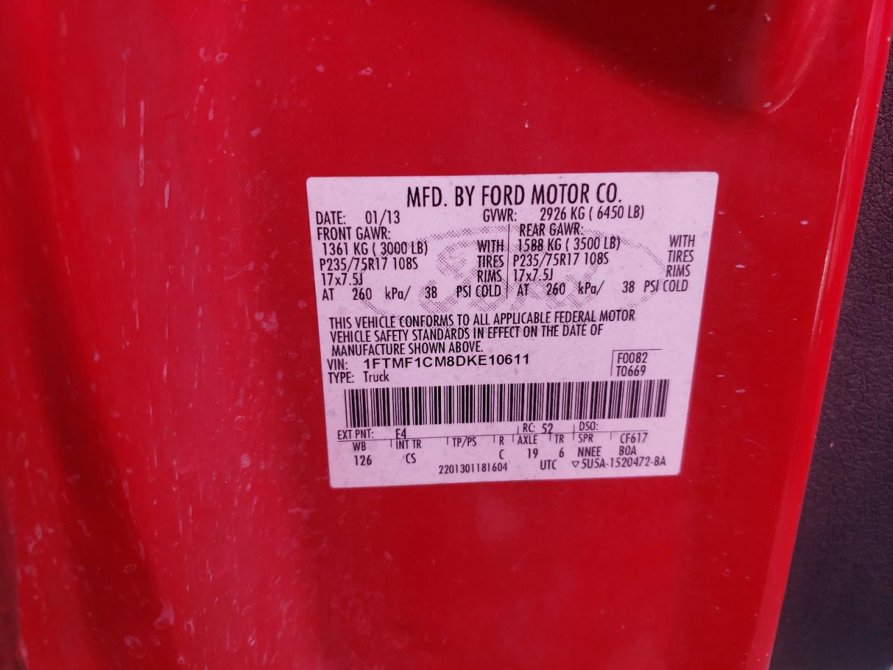 Photo 10 from auction – 2013 FORD F150 with VIN 1FTMF1CM8DKE10611