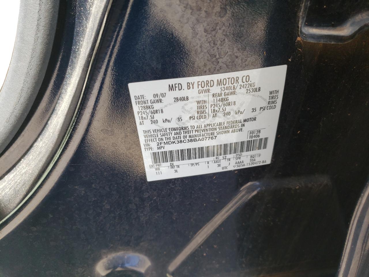 Photo 10 from auction – 2008 FORD EDGE SEL with VIN 2FMDK38C38BA07767