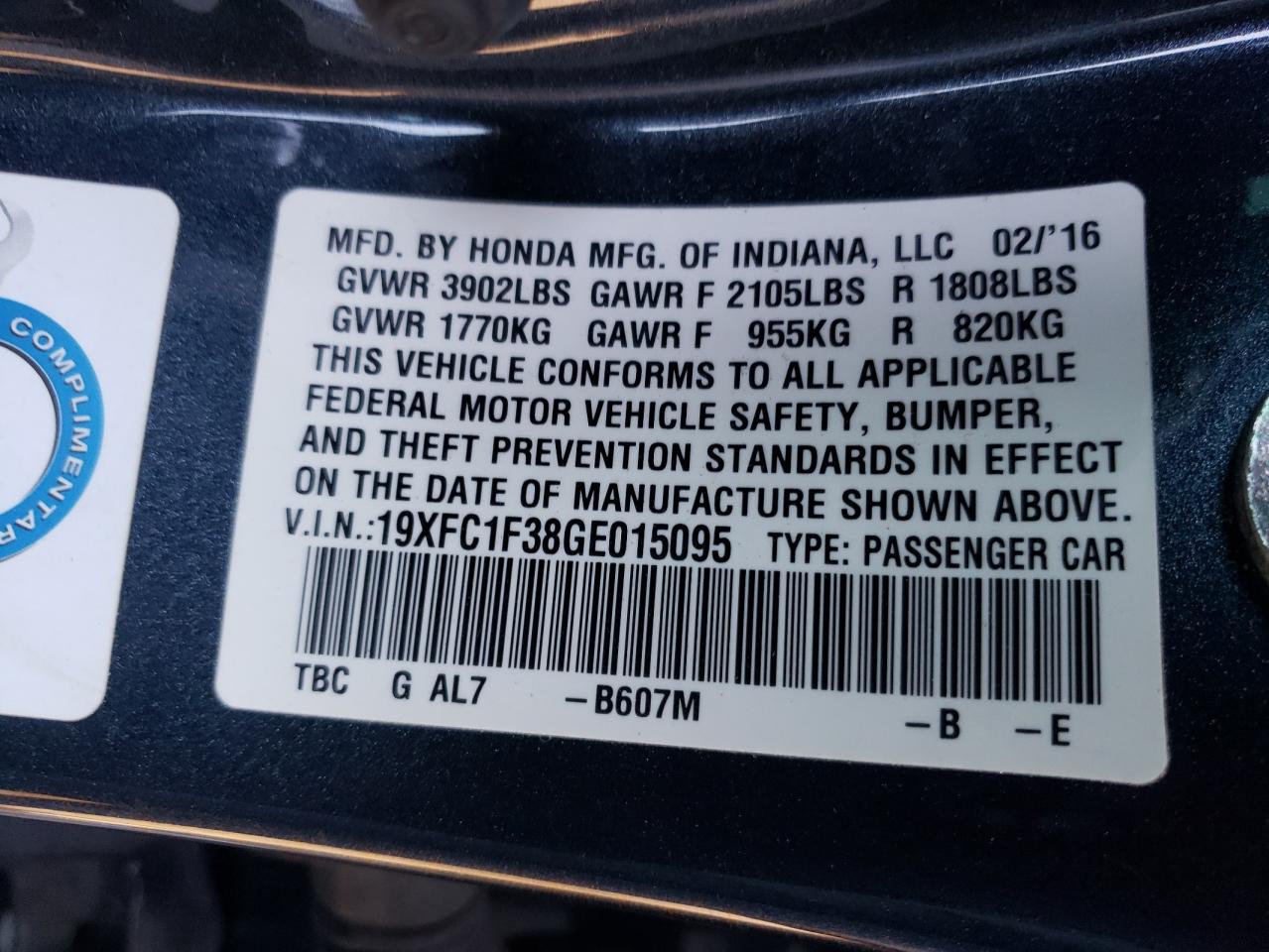 Photo 10 from auction – 2016 HONDA CIVIC EX with VIN 19XFC1F38GE015095