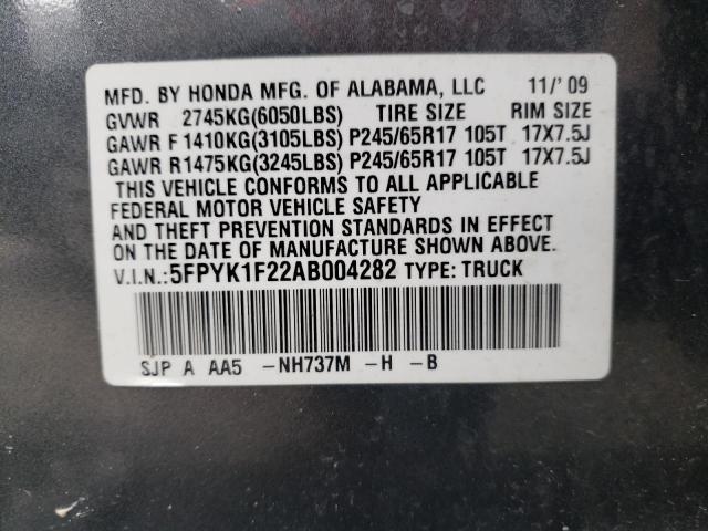 Photo 10 from auction – 2010 HONDA RIDGELINE with VIN 5FPYK1F22AB004282