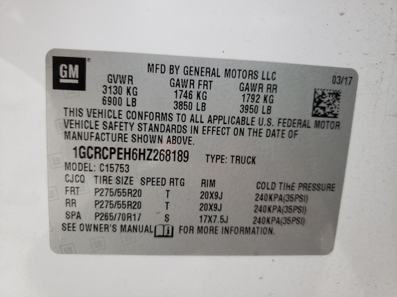 Photo 10 from auction – 2017 CHEVROLET SILVERADO with VIN 1GCRCPEH6HZ268189