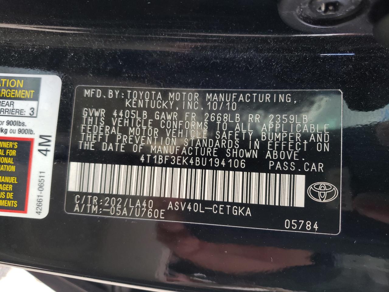 Photo 10 from auction – 2011 TOYOTA CAMRY with VIN 4T1BF3EK4BU194106