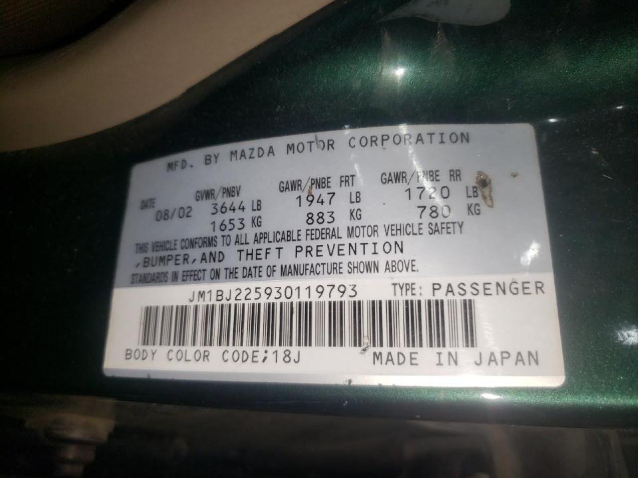 Photo 10 from auction – 2003 MAZDA PROTEGE DX with VIN JM1BJ225930119793