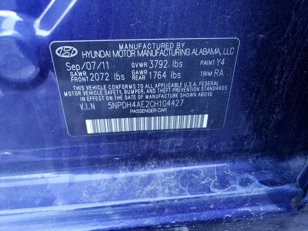 Photo 10 from auction – 2012 HYUNDAI ELANTRA GL with VIN 5NPDH4AE2CH104427