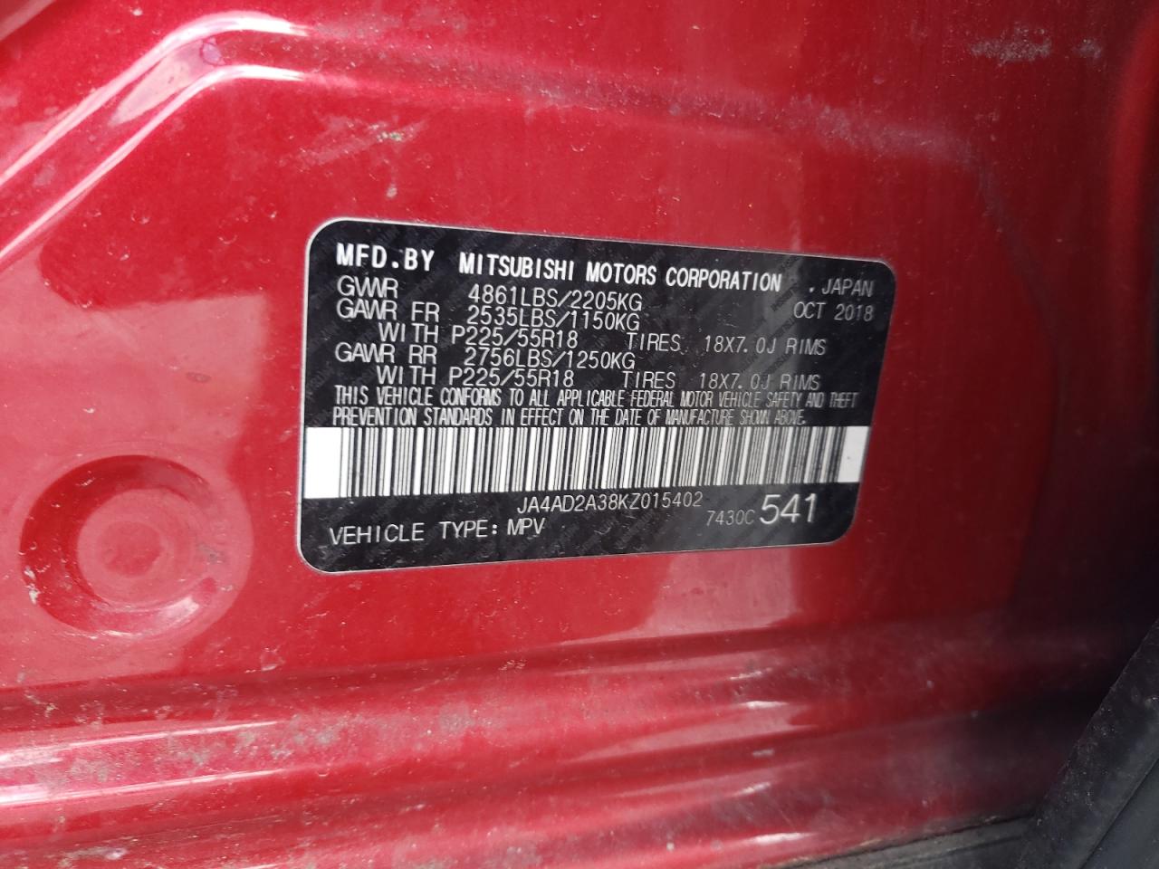 Photo 10 from auction – 2019 MITSUBISHI OUTLANDER with VIN JA4AD2A38KZ015402