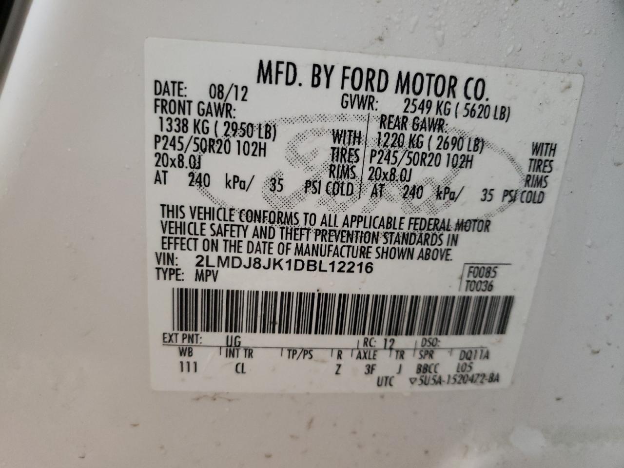 Photo 10 from auction – 2013 LINCOLN MKX with VIN 2LMDJ8JK1DBL12216