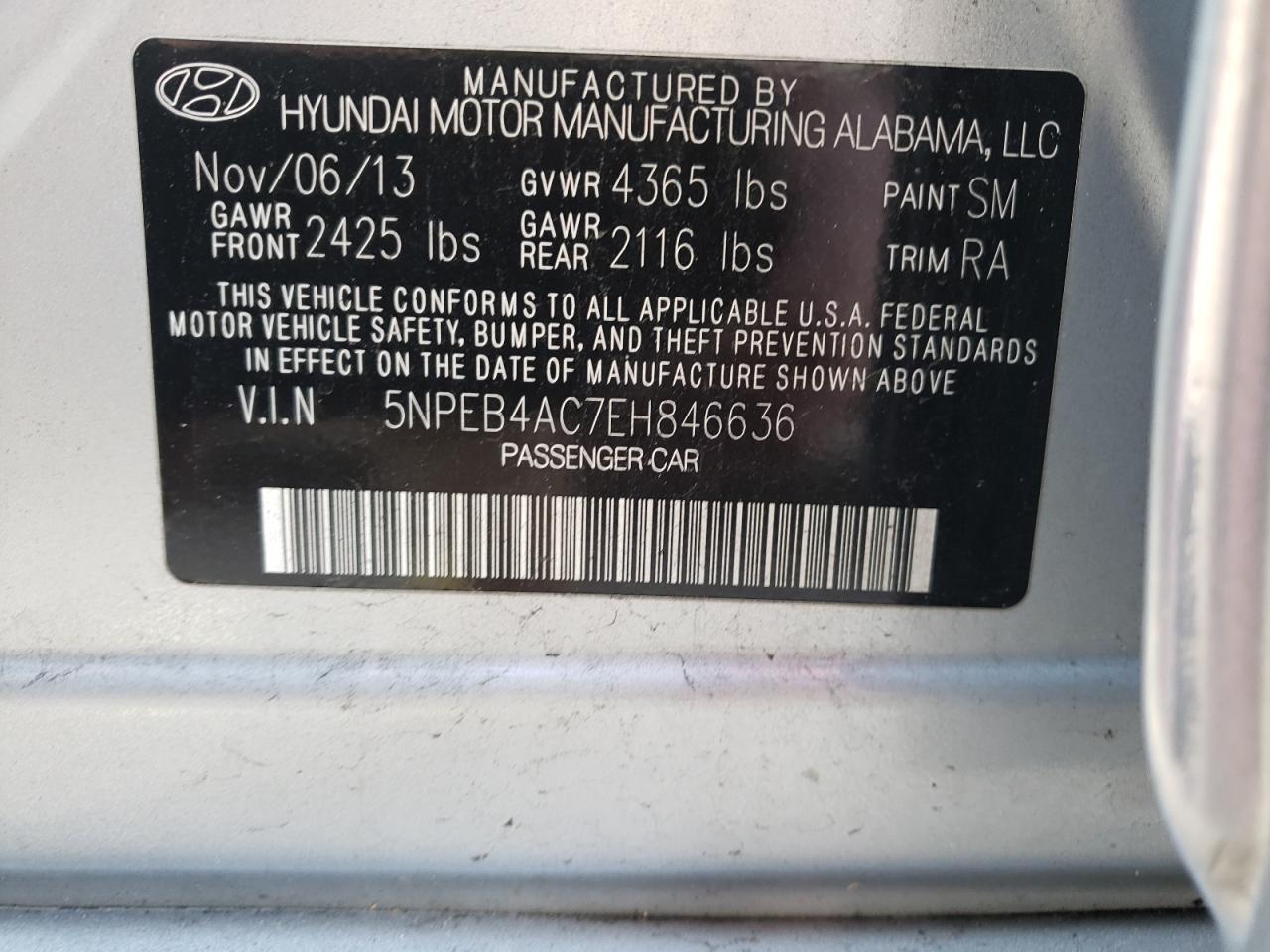Photo 10 from auction – 2014 HYUNDAI SONATA GLS with VIN 5NPEB4AC7EH846636