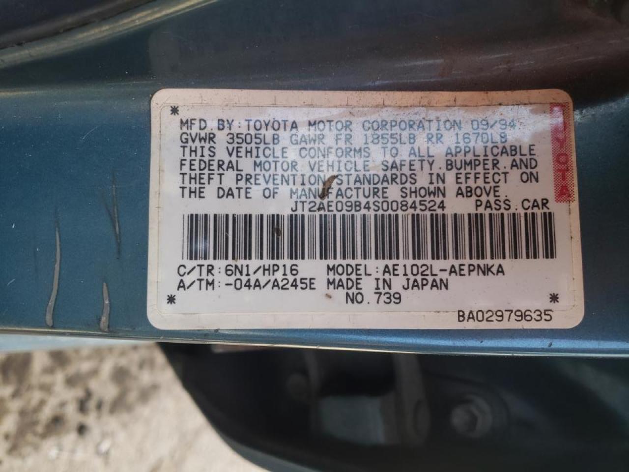 Photo 10 from auction – 1995 TOYOTA COROLLA LE with VIN JT2AE09B4S0084524