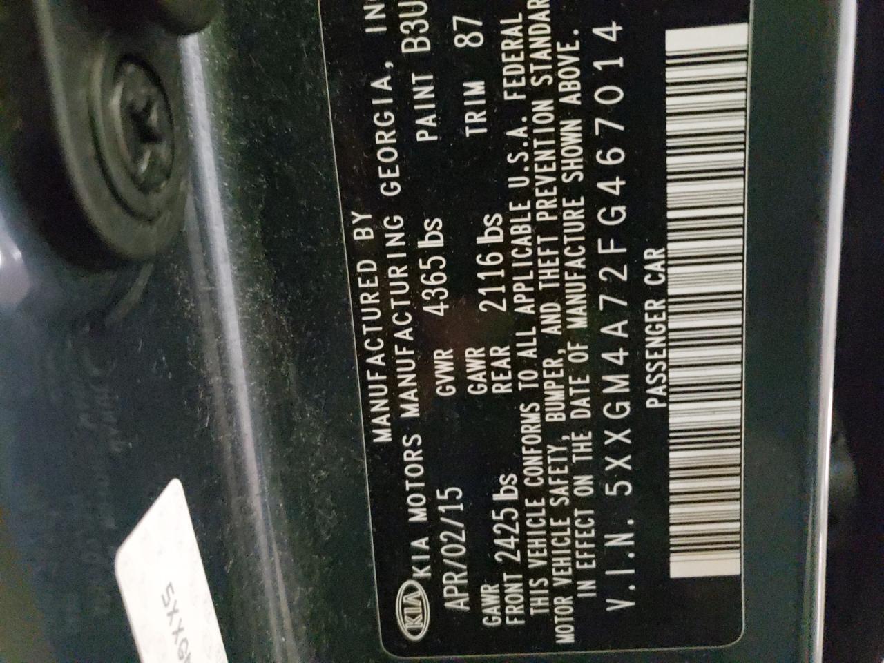 Photo 10 from auction – 2015 KIA OPTIMA LX with VIN 5XXGM4A72FG467014