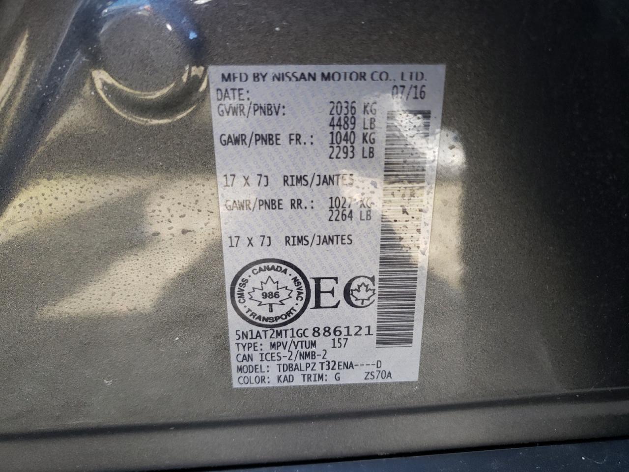 Photo 10 from auction – 2016 NISSAN ROGUE S with VIN 5N1AT2MT1GC886121