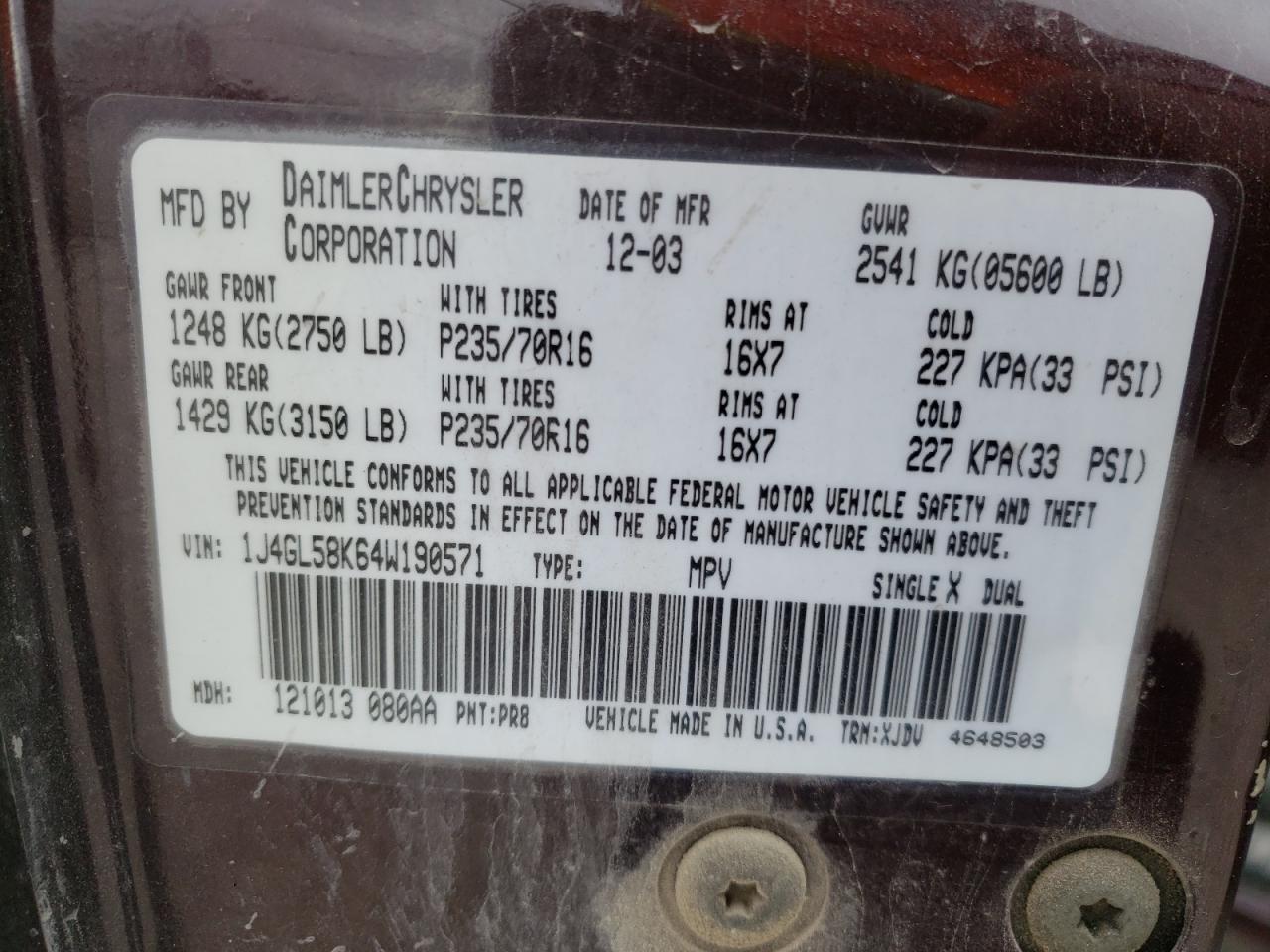 Photo 10 from auction – 2004 JEEP LIBERTY LI with VIN 1J4GL58K64W190571