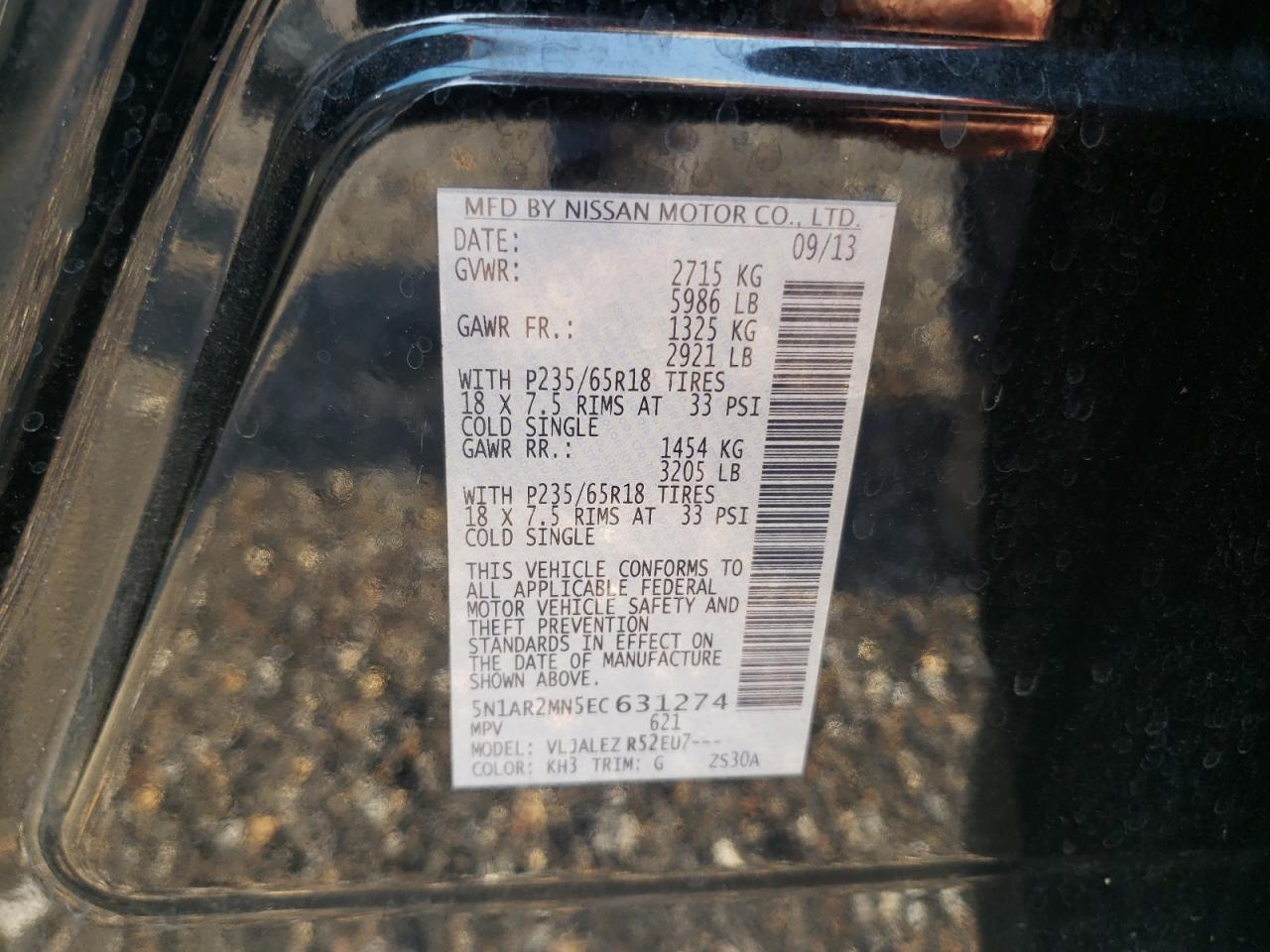 Photo 10 from auction – 2014 NISSAN PATHFINDER with VIN 5N1AR2MN5EC631274