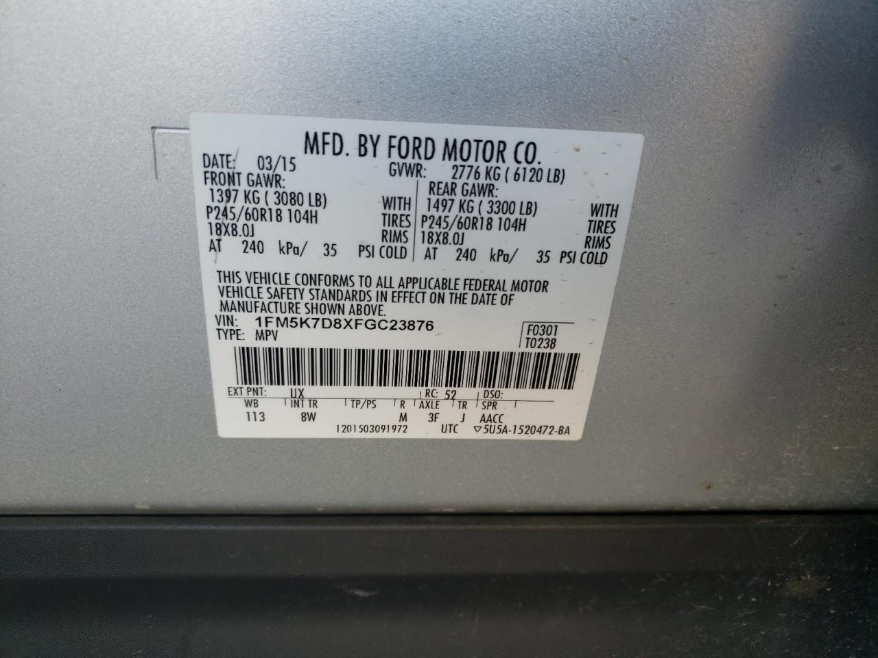 Photo 10 from auction – 2015 FORD EXPLORER X with VIN 1FM5K7D8XFGC23876