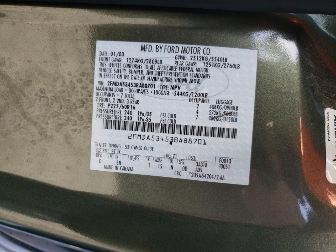 Photo 10 from auction – 2003 FORD WINDSTAR S with VIN 2FMDA53453BA88701