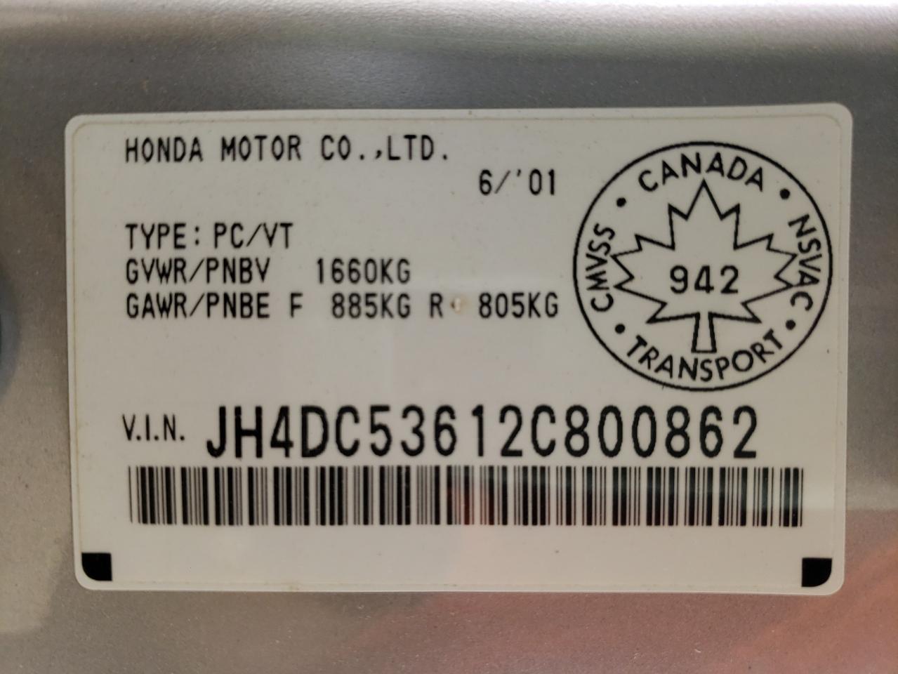 Photo 10 from auction – 2002 ACURA RSX with VIN JH4DC53612C800862