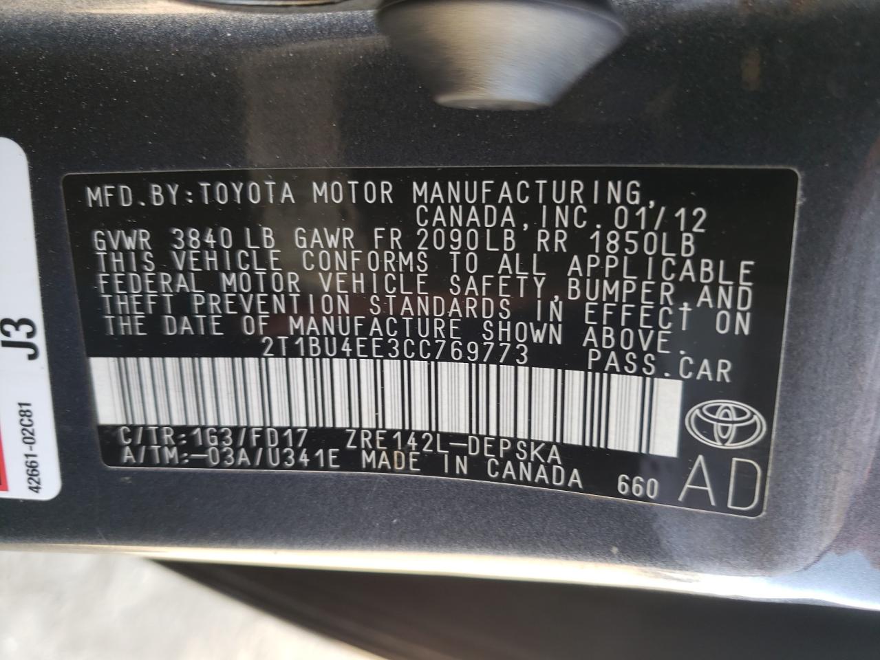 Photo 10 from auction – 2012 TOYOTA COROLLA BA with VIN 2T1BU4EE3CC769773