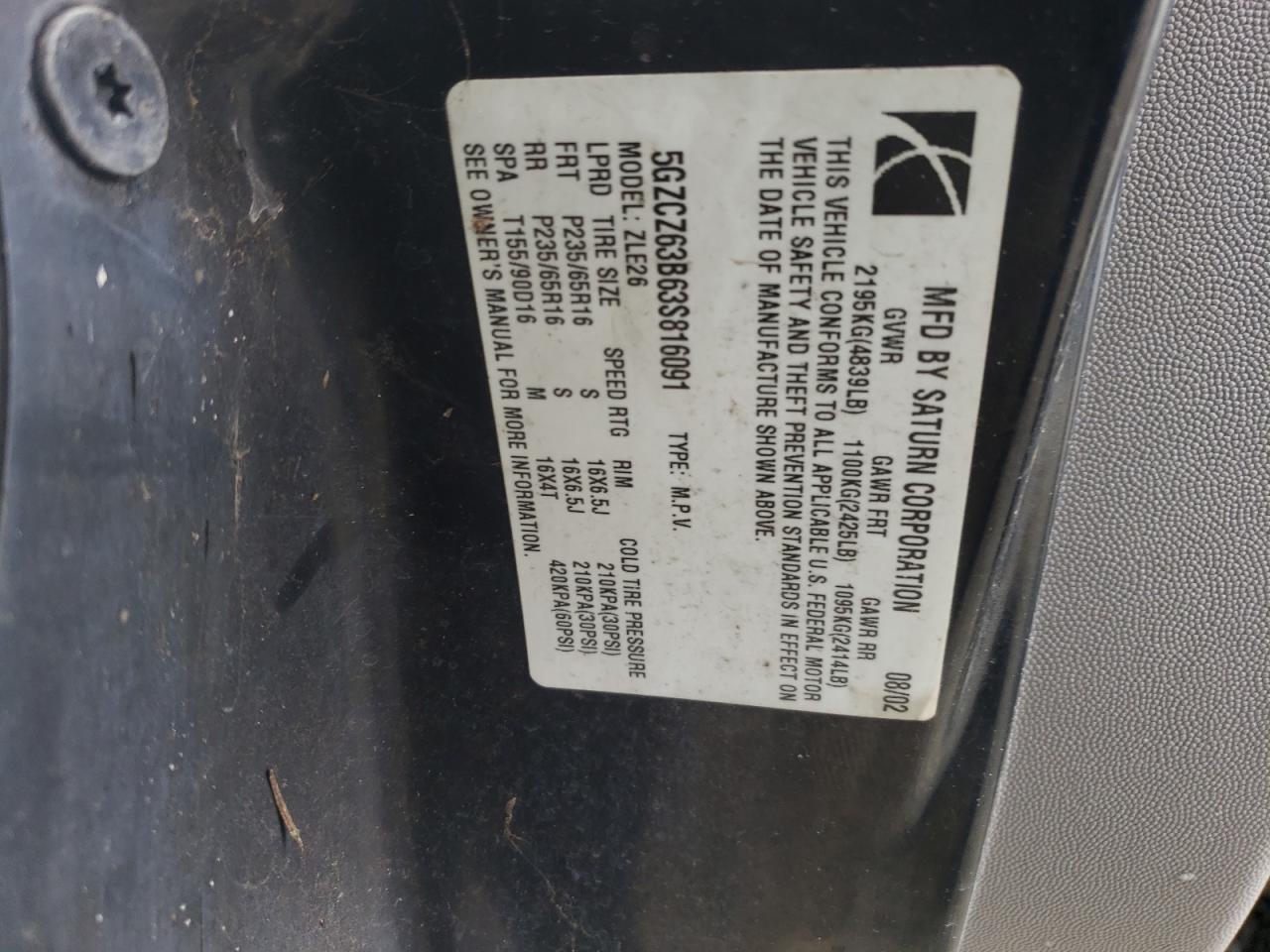 Photo 10 from auction – 2003 SATURN VUE with VIN 5GZCZ63B63S816091
