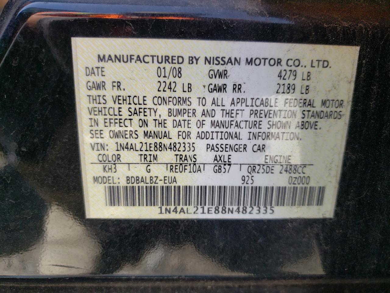 Photo 10 from auction – 2008 NISSAN ALTIMA 2.5 with VIN 1N4AL21E88N482335