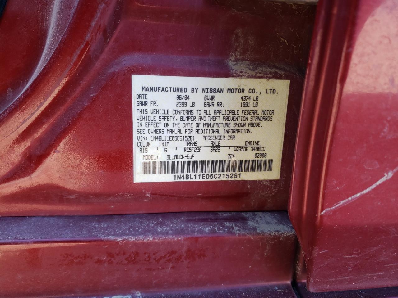 Zdjęcie 10 z aukcji – 2005 NISSAN ALTIMA z VIN 1N4BL11E05C215261