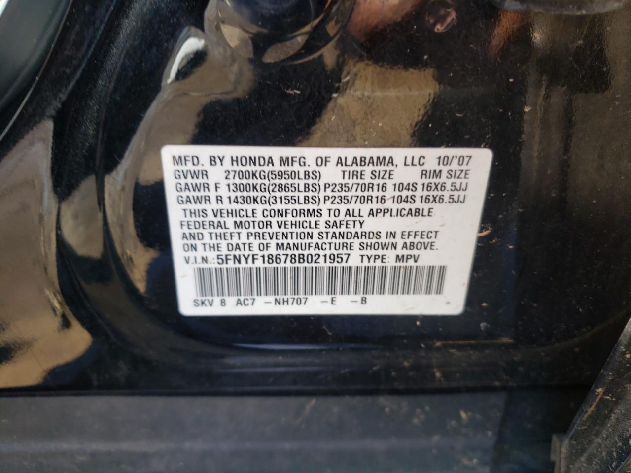 Zdjęcie 10 z aukcji – 2008 HONDA PILOT EXL z VIN 5FNYF18678B021957
