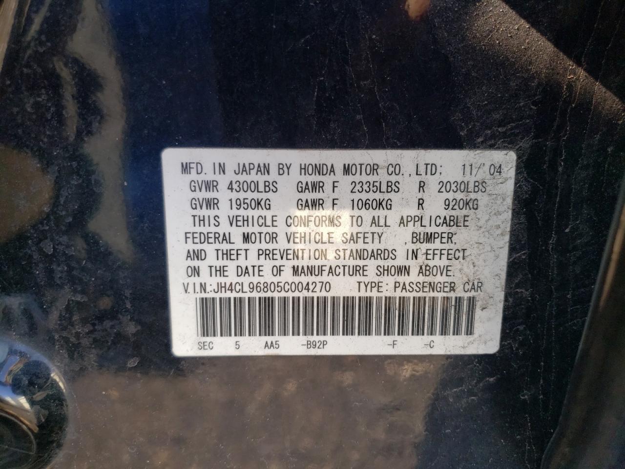 Photo 10 from auction – 2005 ACURA TSX with VIN JH4CL96805C004270