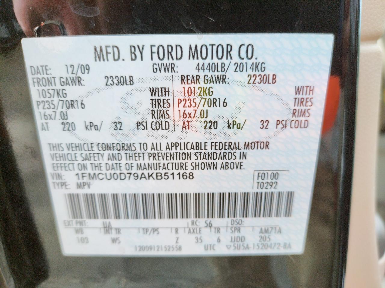 Photo 10 from auction – 2010 FORD ESCAPE XLT with VIN 1FMCU0D79AKB51168