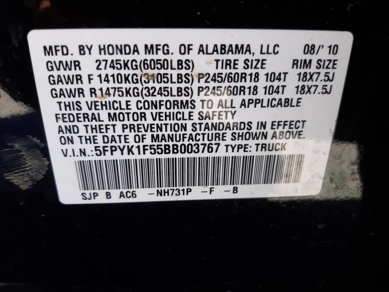 Photo 10 from auction – 2011 HONDA RIDGELINE with VIN 5FPYK1F55BB003767