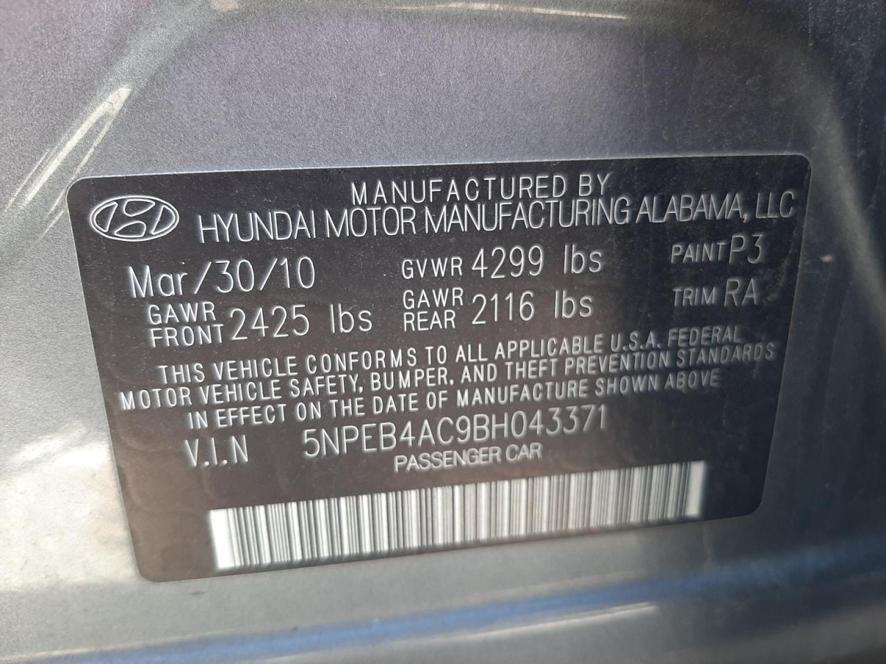 Photo 10 from auction – 2011 HYUNDAI SONATA GLS with VIN 5NPEB4AC9BH043371