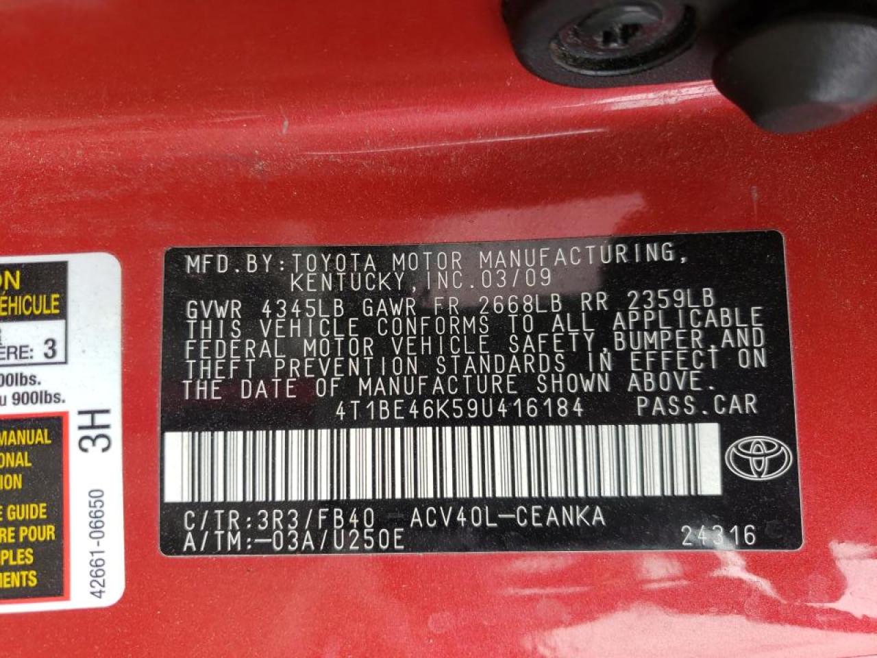 Photo 10 from auction – 2009 TOYOTA CAMRY BASE with VIN 4T1BE46K59U416184