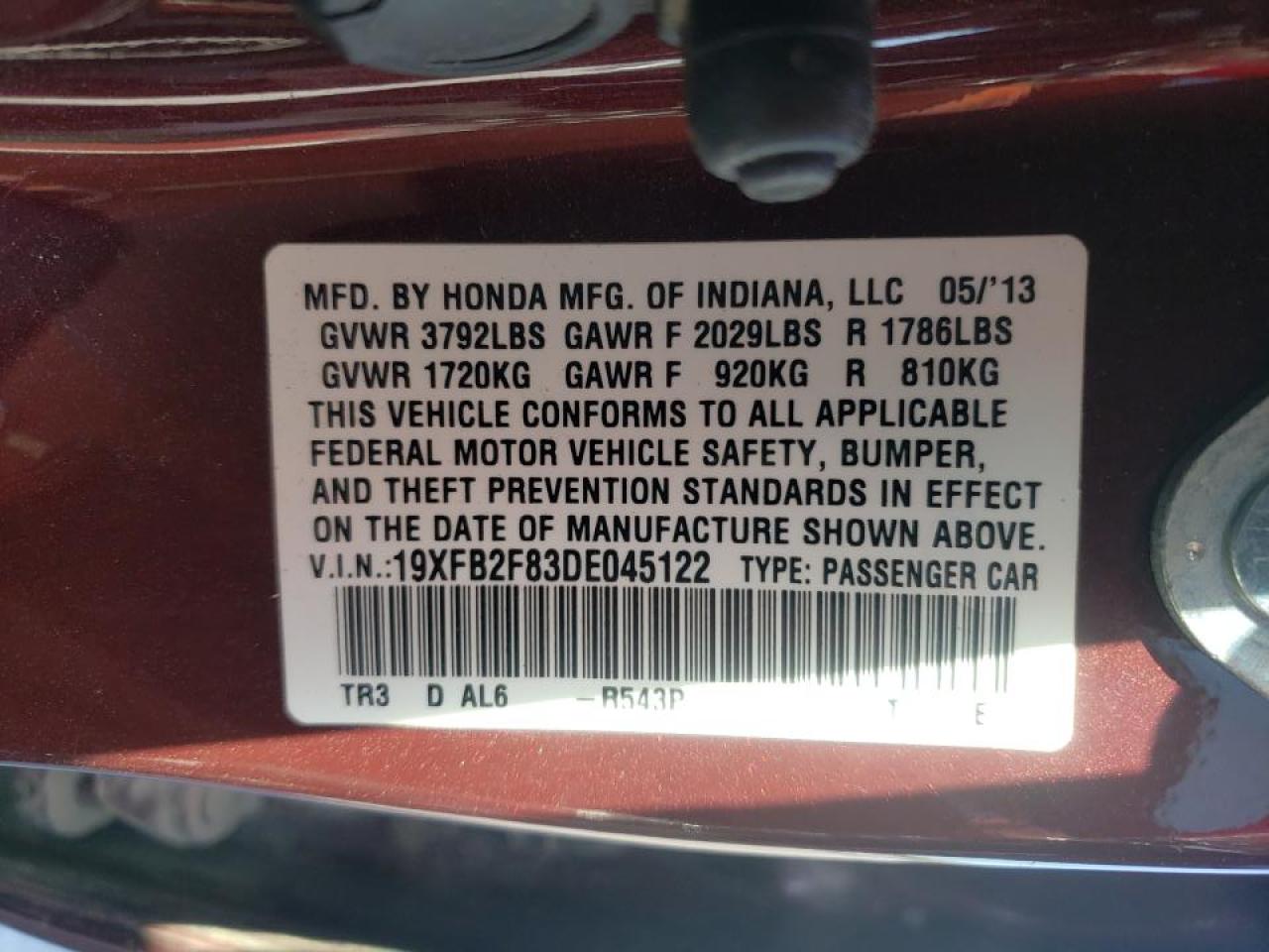 Photo 10 from auction – 2013 HONDA CIVIC EX with VIN 19XFB2F83DE045122