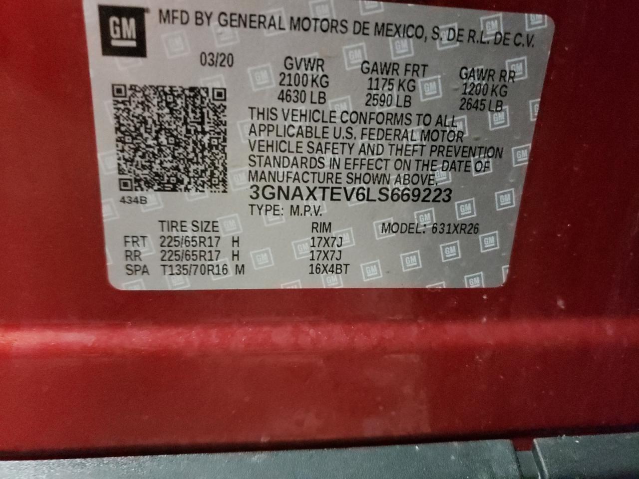 Photo 10 from auction – 2020 CHEVROLET EQUINOX LT with VIN 3GNAXTEV6LS669223